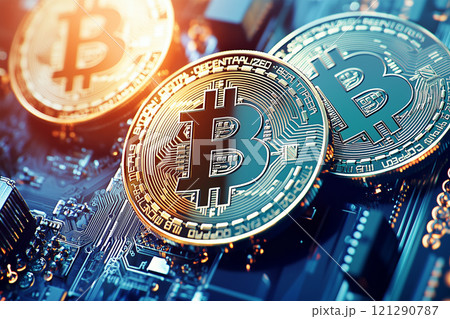 Conceptual Illustration of Digital Currency with Bitcoin Coins on Computer Circuit Board 121290787