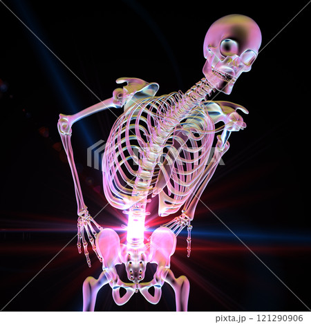 Human skeleton with lower back pain, 3D illustration 121290906