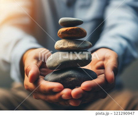 Man in blue shirt holding a stack of balanced stones with warm lighting 121290947