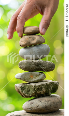 Hand carefully stacking a mix of smooth and rough pebbles outdoors, emphasizing balance and harmony 121290948