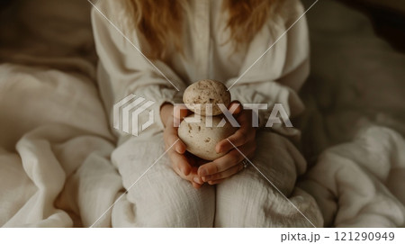 Woman holding two speckled stones in her hands while sitting on a bed in a cozy setting 121290949