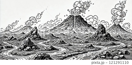 A lava-covered volcanic world, with flowing rivers of molten lava, fiery eruptions, and a dramatic landscape of volcanic rocks and craters. Generative AI illustration. 121291110