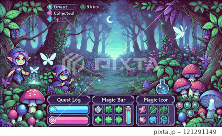 A dense forest filled with mythical creatures like fairies, sprites, and magical plants. Generative AI illustration. 121291149