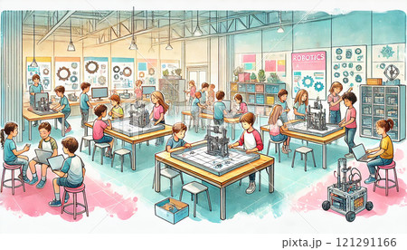 A school robotics club setting, featuring students working together on building and programming robots. Generative AI illustration. 121291166