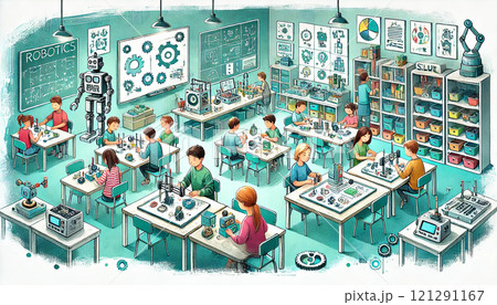 A school robotics club setting, featuring students working together on building and programming robots. Generative AI illustration. 121291167