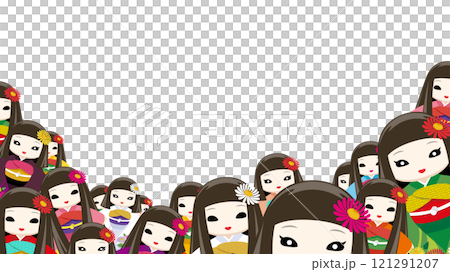 Background material (transparent background) of many Okiku dolls wearing kimonos, with pale faces and slightly scary eyes 121291207