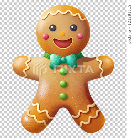 Gingerbread man on an isolated transparent background, for use in graphic design on the theme of Christmas 121291315