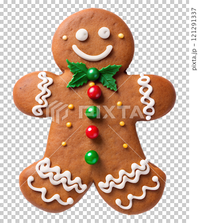 Gingerbread man on an isolated transparent background, for use in graphic design on the theme of Christmas Gingerbread man on an isolated transparent background, for use in graphic design on the theme of Christmas 121291337