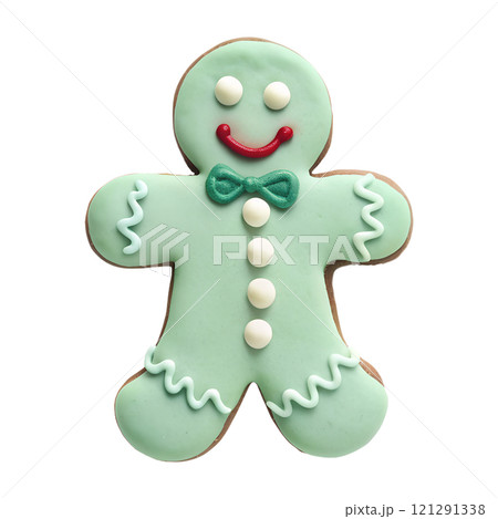 Gingerbread man on an isolated transparent background, for use in graphic design on the theme of Christmas Gingerbread man on an isolated transparent background, for use in graphic design on the theme of Christmas 121291338