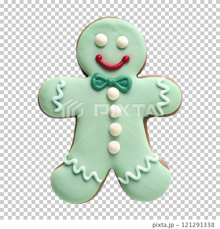 Gingerbread man on an isolated transparent background, for use in graphic design on the theme of Christmas Gingerbread man on an isolated transparent background, for use in graphic design on the theme of Christmas 121291338
