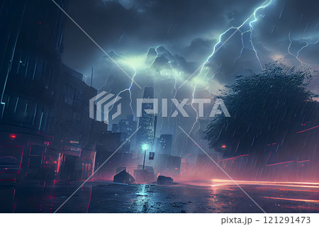 Dark dramatic stormy night sky with lightning bolts over city under rain, illustration. 121291473