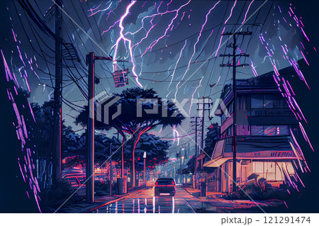 Dark dramatic stormy night sky with lightning bolts over city under rain, illustration. 121291474