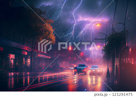 Dark dramatic stormy night sky with lightning bolts over city under rain, illustration. 121291475