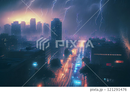 Dark dramatic stormy night sky with lightning bolts over city under rain, illustration. 121291476