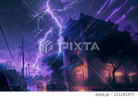 Dark dramatic stormy night sky with lightning bolts over city under rain, illustration. 121291477