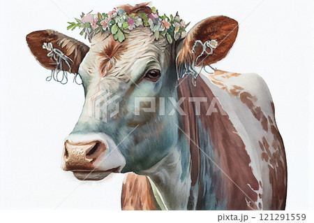 A cow generative ai illustration in boho style, featuring vibrant colors and intricate patterns 121291559