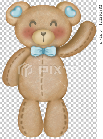 Teddy bear character cute baby boy, hand drawn pastel color for baby newborn childish greeting cards or invitations. Colorful drawing on white background. 121291582