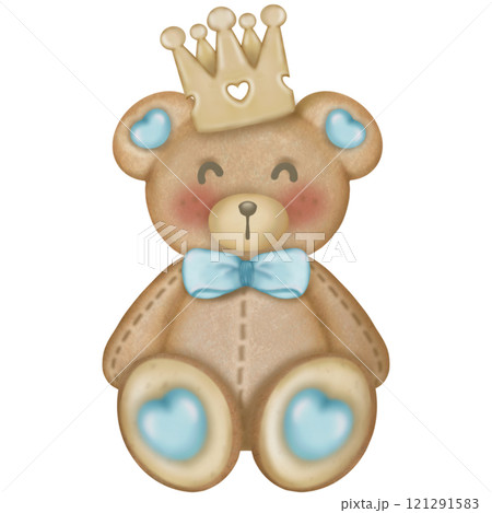 Teddy bear character cute baby boy, hand drawn pastel color for baby newborn childish greeting cards or invitations. Colorful drawing on white background. 121291583