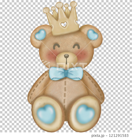 Teddy bear character cute baby boy, hand drawn pastel color for baby newborn childish greeting cards or invitations. Colorful drawing on white background. 121291583