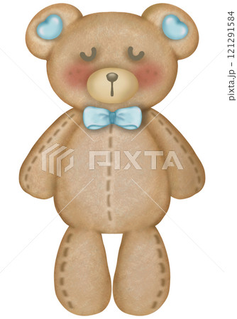Teddy bear character cute baby boy, hand drawn pastel color for baby newborn childish greeting cards or invitations. Colorful drawing on white background. Teddy bear character cute baby boy, hand drawn pastel color for baby newborn childish greeting cards or invitations. Colorful drawing on white background. 121291584