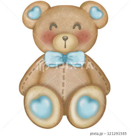 Teddy bear character cute baby boy, hand drawn pastel color for baby newborn childish greeting cards or invitations. Colorful drawing on white background. 121291585
