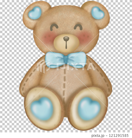 Teddy bear character cute baby boy, hand drawn pastel color for baby newborn childish greeting cards or invitations. Colorful drawing on white background. 121291585