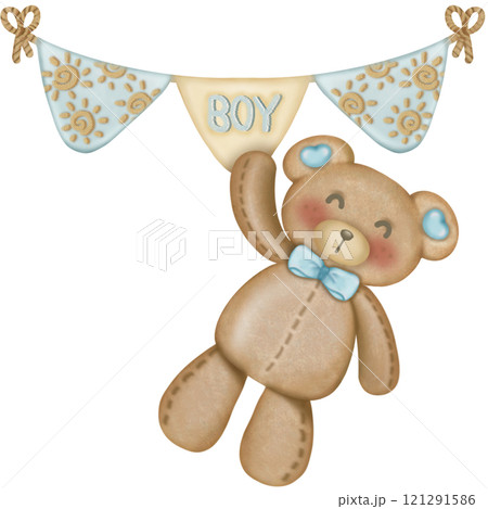 Teddy bear character cute baby boy, hand drawn pastel color for baby newborn childish greeting cards or invitations. Colorful drawing on white background. 121291586