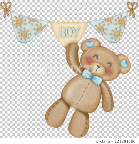 Teddy bear character cute baby boy, hand drawn pastel color for baby newborn childish greeting cards or invitations. Colorful drawing on white background. 121291586