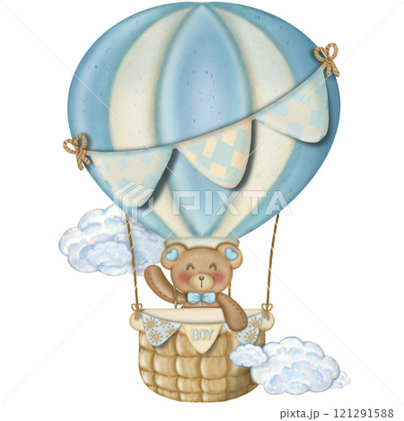 Teddy bear character cute baby boy, hand drawn pastel color for baby newborn childish greeting cards or invitations. Colorful drawing on white background. 121291588