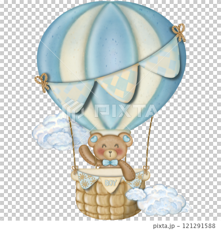 Teddy bear character cute baby boy, hand drawn pastel color for baby newborn childish greeting cards or invitations. Colorful drawing on white background. 121291588