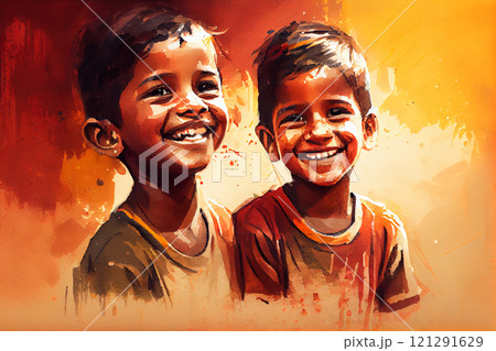 Portrait of an Indian boys, capturing the beauty and grace of their features with delicate brushstrokes and vivid colors, generative ai 121291629