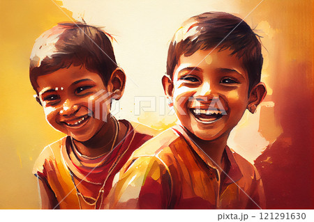 Portrait of an Indian boys, capturing the beauty and grace of their features with delicate brushstrokes and vivid colors, generative ai 121291630