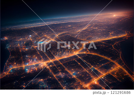 A bird's eye view of a bustling metropolis at night as seen from space, generative ai illustration A bird's eye view of a bustling metropolis at night as seen from space, generative ai illustration 121291686