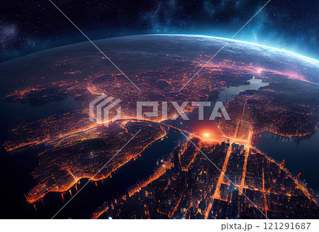 A bird's eye view of a bustling metropolis at night as seen from space, generative ai illustration A bird's eye view of a bustling metropolis at night as seen from space, generative ai illustration 121291687