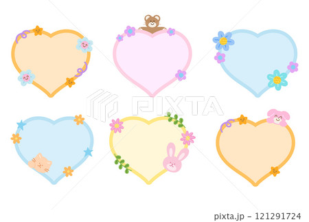 Cute vector illustration of teddy bear, cat, bunny, puppy, flowers with heart shaped blank space for name tag, text bubble, sticker, animal print, memo note, sticky note, notepads, paper design, zoo Cute vector illustration of teddy bear, cat, bunny, puppy, flowers with heart shaped blank space for name tag, text bubble, sticker, animal print, memo note, sticky note, notepads, paper design, zoo 121291724