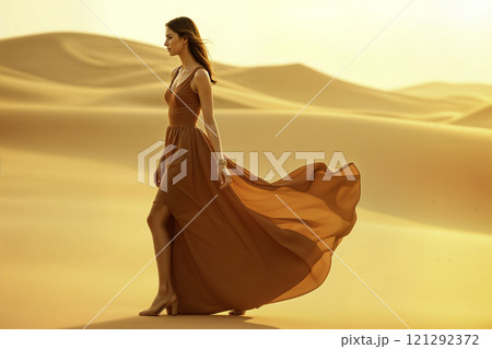 Elegant model in mocha gown walking through sunlit desert dunes 121292372