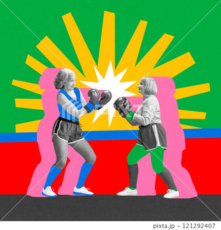 Two elderly women wearing boxing gloves and playfully sparring against abstract colorful background. Contemporary art collage. 121292407