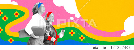 Two senior women walking together with yoga mats after yoga class against abstract colorful background. Contemporary art collage. 121292408