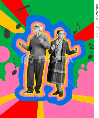 Happy senior couple cheerfully dancing against abstract colorful background. Contemporary art collage. 121292409