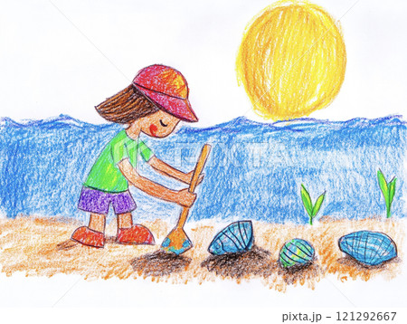 夏の海で潮干狩りをする子供　AI画像 121292667