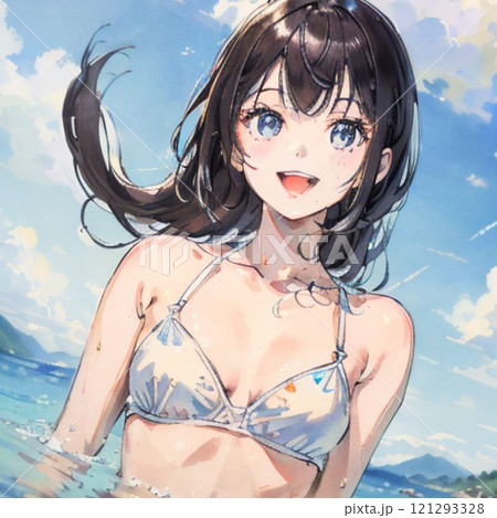 海を背景に水着の若い女性のイラスト素材 [121293328] - PIXTA