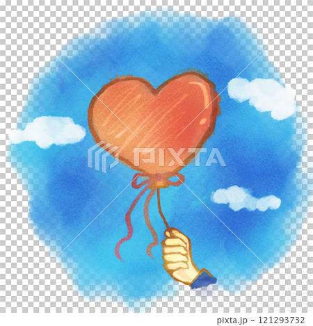 青空とハート型の風船を持つ手のイラスト 121293732