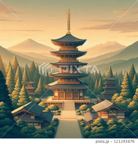 早朝の清水寺より望む五重塔のイラスト素材 [121293876] - PIXTA