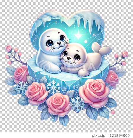 Cute seal pups surrounded by flowers and icy decorations. Valentine cartoon character. 121294000