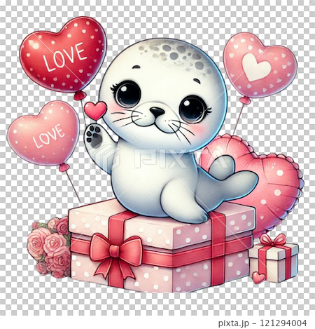 Cute seal with heart-shaped balloons on a gift box. Valentine cartoon character. 121294004