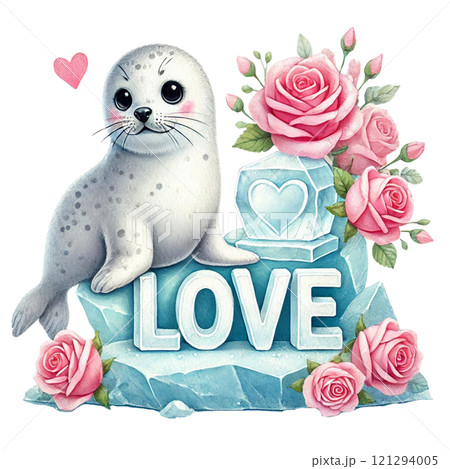 Cute seal with roses conveying love and affection. Valentine cartoon character. 121294005