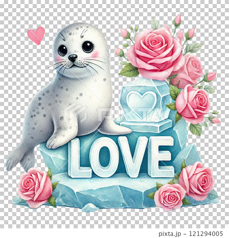 Cute seal with roses conveying love and affection. Valentine cartoon character. 121294005