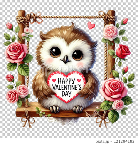 A cute owl framed by roses wishing Happy Valentine's Day. Valentine cartoon character. A cute owl framed by roses wishing Happy Valentine's Day. Valentine cartoon character. 121294192