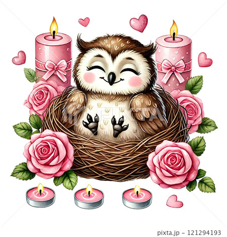 A cute owl nestled in a floral nest surrounded by candles and hearts. Valentine cartoon character. 121294193