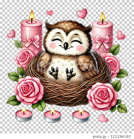 A cute owl nestled in a floral nest surrounded by candles and hearts. Valentine cartoon character. A cute owl nestled in a floral nest surrounded by candles and hearts. Valentine cartoon character. 121294193